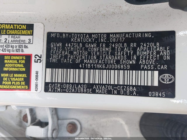 Aukcja sprzedaży 2018 Toyota Camry Xle, vin: 4T1B11HK6JU006859, numer aukcji: 44847835