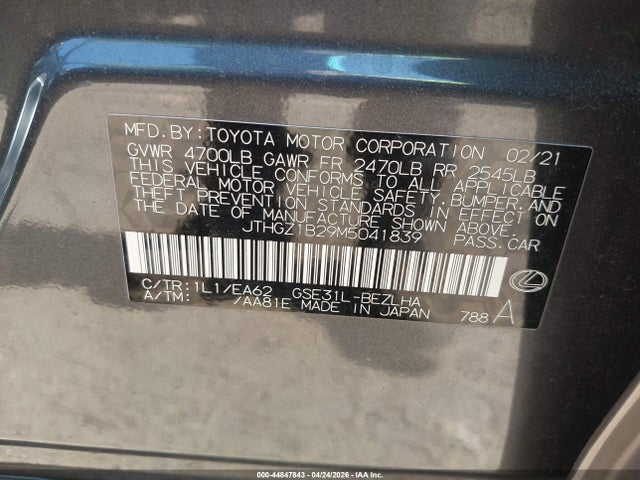 2021 Lexus Is 350 F Sport მანქანა იყიდება აუქციონზე, vin: JTHGZ1B29M5041839, აუქციონის ნომერი: 44847843