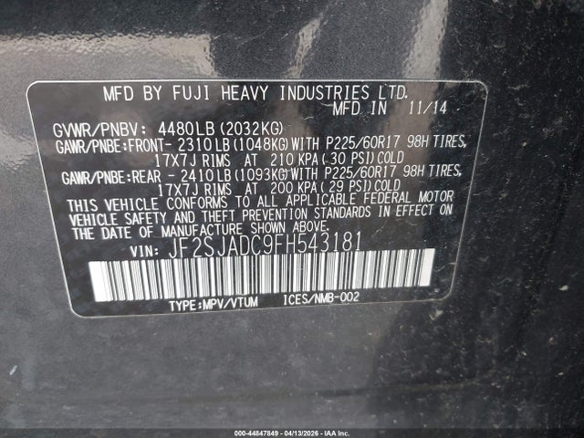 Продаж на аукціоні авто 2015 Subaru Forester 2.5i Premium, vin: JF2SJADC9FH543181, номер лоту: 44847849