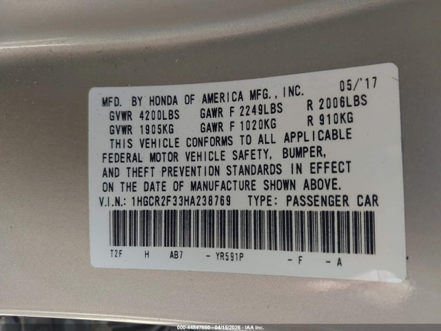 1HGCR2F33HA238769 Honda ACCORD LX