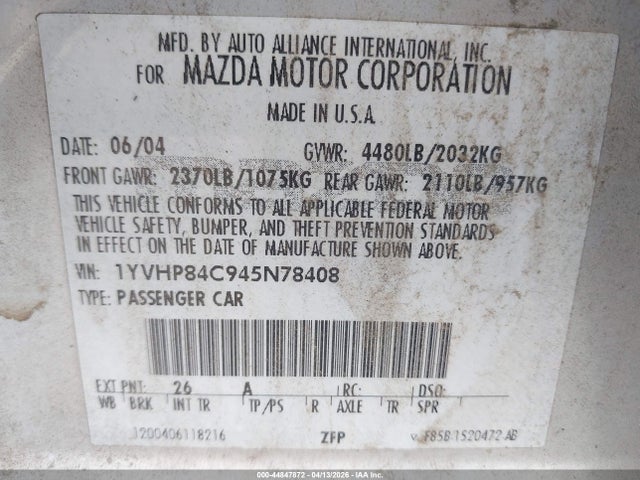 Aukcja sprzedaży 2004 Mazda Mazda6 I, vin: 1YVHP84C945N78408, numer aukcji: 44847872