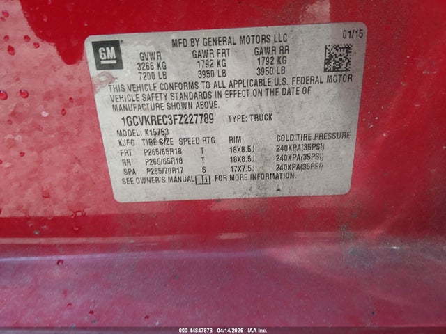 44847878 :رقم المزاد ، 1GCVKREC3FZ227789 vin ، 2015 Chevrolet Silverado 1500 2lt مزاد بيع