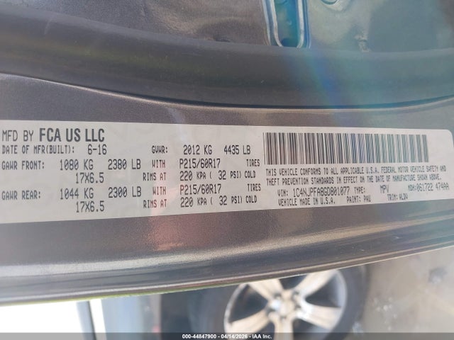 Aukcja sprzedaży 2016 Jeep Patriot High Altitude Edition, vin: 1C4NJPFA8GD801077, numer aukcji: 44847900