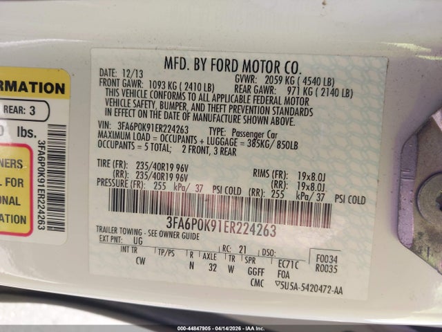 2014 Ford Fusion Titanium მანქანა იყიდება აუქციონზე, vin: 3FA6P0K91ER224263, აუქციონის ნომერი: 44847905
