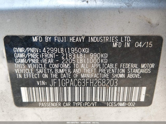2015 Subaru Impreza 2.0i Premium მანქანა იყიდება აუქციონზე, vin: JF1GPAC63FH268203, აუქციონის ნომერი: 44847907