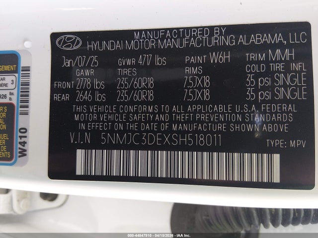 Aukcja sprzedaży 2025 Hyundai Tucson Sel Convenience, vin: 5NMJC3DEXSH518011, numer aukcji: 44847910