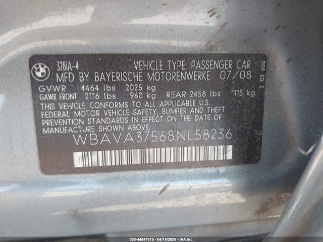 2008 Bmw 328i მანქანა იყიდება აუქციონზე, vin: WBAVA37568NL58236, აუქციონის ნომერი: 44847915