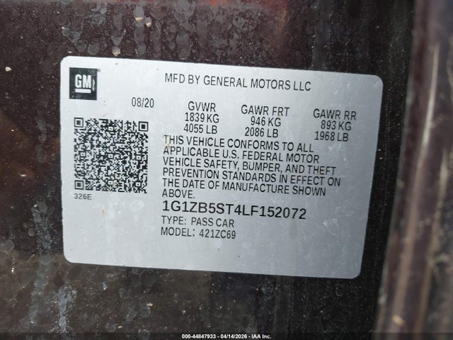 Auction sale of the 2020 Chevrolet Malibu Fwd Ls, vin: 1G1ZB5ST4LF152072, lot number: 44847933