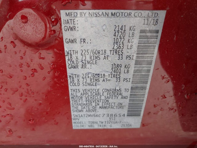Aukcja sprzedaży 2019 Nissan Rogue Sv, vin: 5N1AT2MV6KC738654, numer aukcji: 44847934