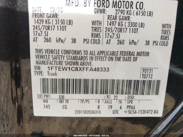Продаж на аукціоні авто 2015 Ford F-150 Xl, vin: 1FTEW1C8XFFA48333, номер лоту: 44847935