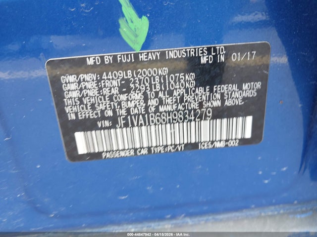 Aukcja sprzedaży 2017 Subaru Wrx, vin: JF1VA1B68H9834279, numer aukcji: 44847942