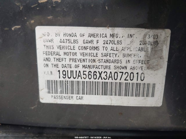 44847977 :رقم المزاد ، 19UUA566X3A072010 vin ، 2003 Acura Tl 3.2 مزاد بيع