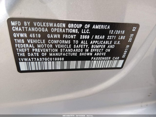 Aukcja sprzedaży 2016 Volkswagen Passat 1.8t S, vin: 1VWAT7A37GC019986, numer aukcji: 44847979