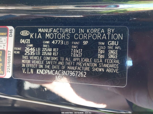 44847982 :رقم المزاد ، KNDPMCAC3N7967262 vin ، 2022 Kia Sportage Lx مزاد بيع