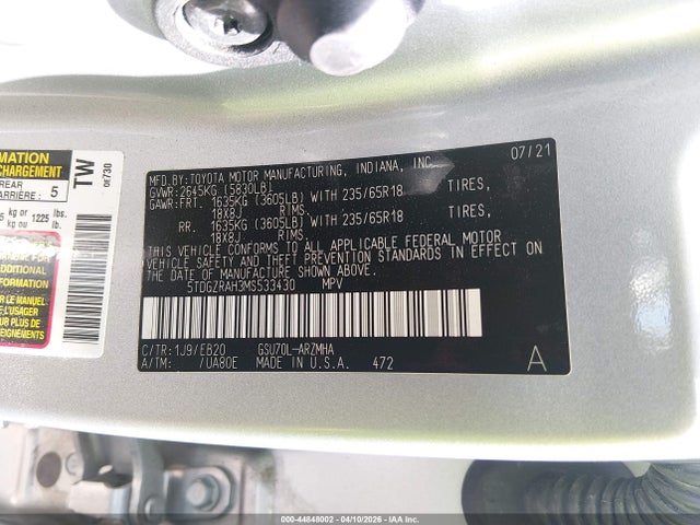 44848002 :رقم المزاد ، 5TDGZRAH3MS533430 vin ، 2021 Toyota Highlander Xle مزاد بيع
