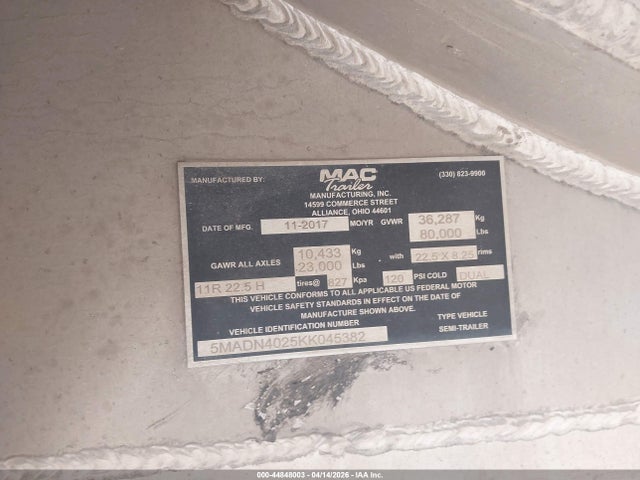 Aukcja sprzedaży 2019 Mac Trailer Mfg End Dump, vin: 5MADN4025KK045382, numer aukcji: 44848003