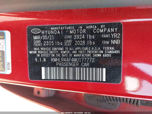 Aukcja sprzedaży 2021 Hyundai Elantra N Line, vin: KMHLR4AF4MU177772, numer aukcji: 44848016