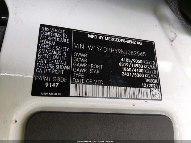 44848034 :رقم المزاد ، W1Y4DBHY9NT082565 vin ، 2022 Mercedes-benz Sprinter 2500 Standard Roof I4 Diesel مزاد بيع