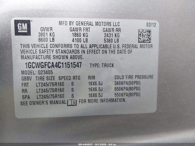Aukcja sprzedaży 2012 Chevrolet Express 2500 Work Van, vin: 1GCWGFCA4C1151547, numer aukcji: 44848037