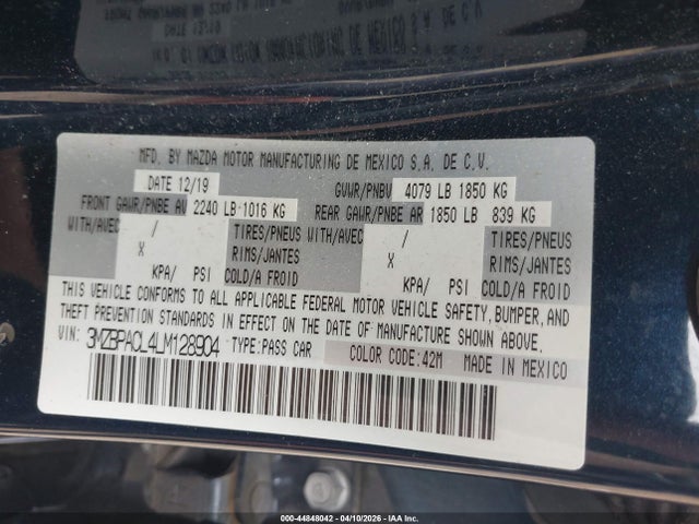 44848042 :رقم المزاد ، 3MZBPACL4LM128904 vin ، 2020 Mazda Mazda3 Select Package مزاد بيع
