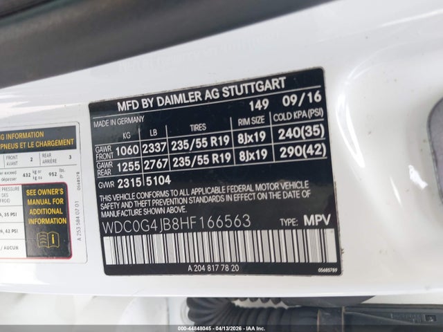 Aukcja sprzedaży 2017 Mercedes-benz Glc 300, vin: WDC0G4JB8HF166563, numer aukcji: 44848045