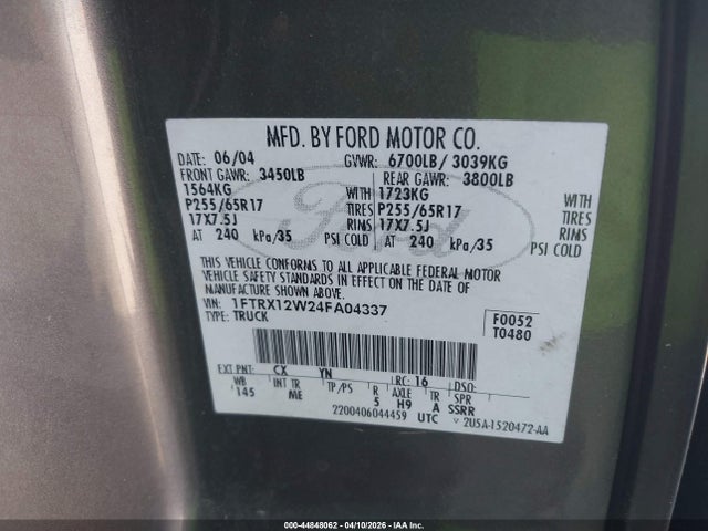 Aukcja sprzedaży 2004 Ford F-150 Stx/xl/xlt, vin: 1FTRX12W24FA04337, numer aukcji: 44848062