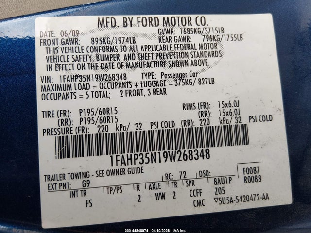 44848074 :رقم المزاد ، 1FAHP35N19W268348 vin ، 2009 Ford Focus Se مزاد بيع