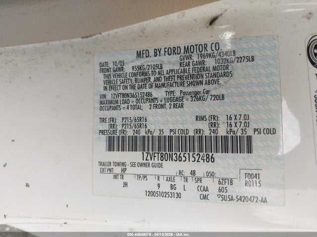 2006 Ford Mustang V6 მანქანა იყიდება აუქციონზე, vin: 1ZVFT80N365152486, აუქციონის ნომერი: 44848076
