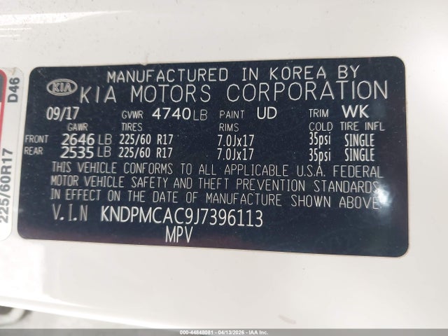 Aukcja sprzedaży 2018 Kia Sportage Lx, vin: KNDPMCAC9J7396113, numer aukcji: 44848081