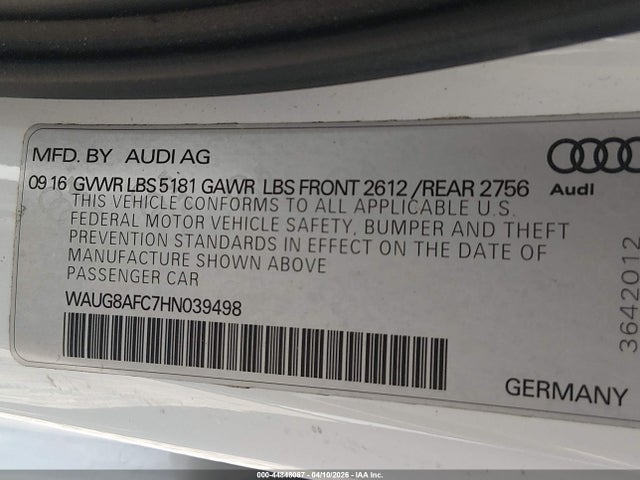 44848087 :رقم المزاد ، WAUG8AFC7HN039498 vin ، 2017 Audi A6 2.0t Premium مزاد بيع
