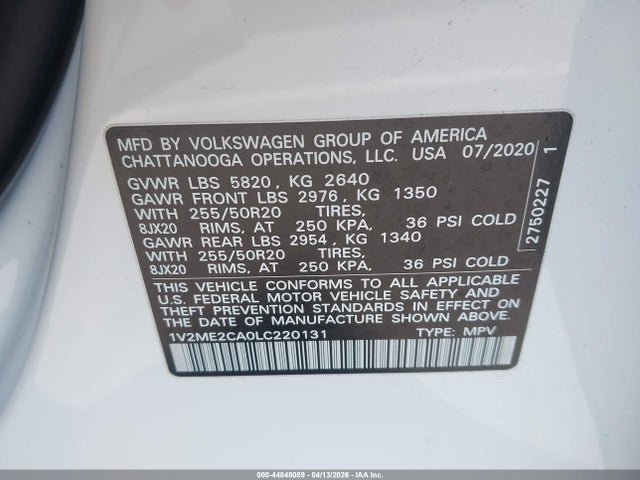 Продажа на аукционе авто 2020 Volkswagen Atlas Cross Sport 3.6l V6 Sel, vin: 1V2ME2CA0LC220131, номер лота: 44848089