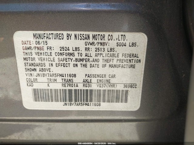 Aukcja sprzedaży 2015 Infiniti Q50 Premium, vin: JN1BV7AR5FM411608, numer aukcji: 44848094