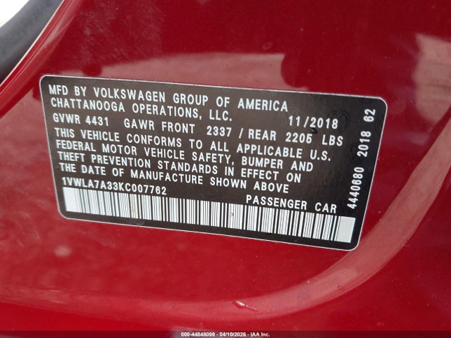 44848099 :رقم المزاد ، 1VWLA7A33KC007762 vin ، 2019 Volkswagen Passat 2.0t Wolfsburg Edition مزاد بيع