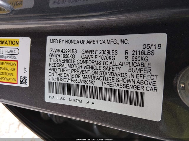 Aukcja sprzedaży 2018 Honda Accord Ex-l, vin: 1HGCV1F56JA180587, numer aukcji: 44848129