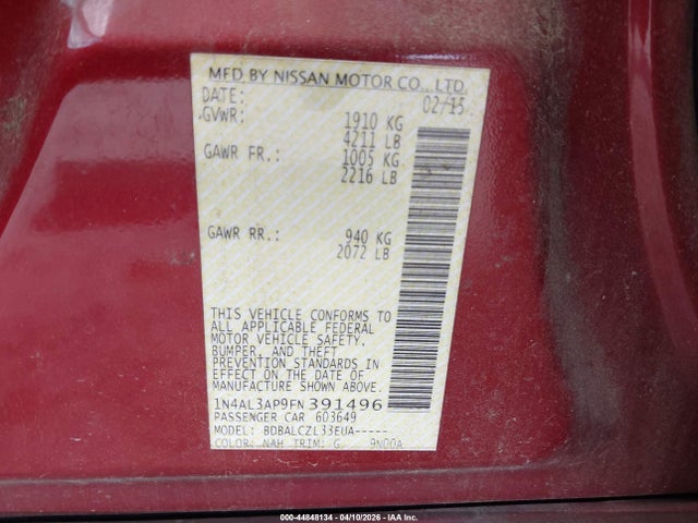 Продажа на аукционе авто 2015 Nissan Altima 2.5/2.5 S/2.5 Sl/2.5 Sv, vin: 1N4AL3AP9FN391496, номер лота: 44848134