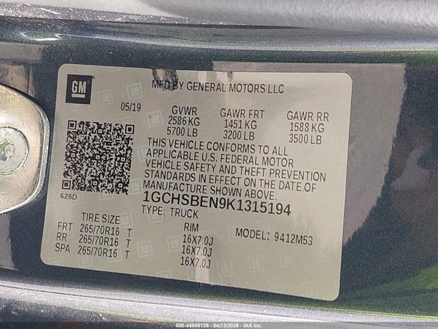 Продажа на аукционе авто 2019 Chevrolet Colorado Wt, vin: 1GCHSBEN9K1315194, номер лота: 44848139