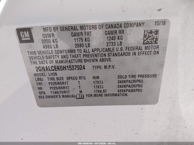 Aukcja sprzedaży 2017 Chevrolet Equinox Lt, vin: 2GNALCEK6H1537924, numer aukcji: 44848164