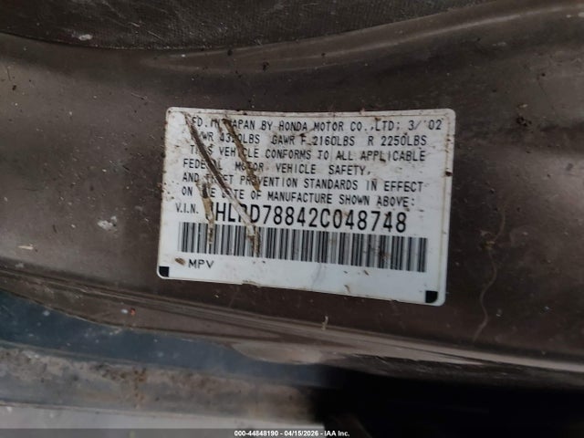 2002 Honda Cr-v Ex მანქანა იყიდება აუქციონზე, vin: JHLRD78842C048748, აუქციონის ნომერი: 44848190
