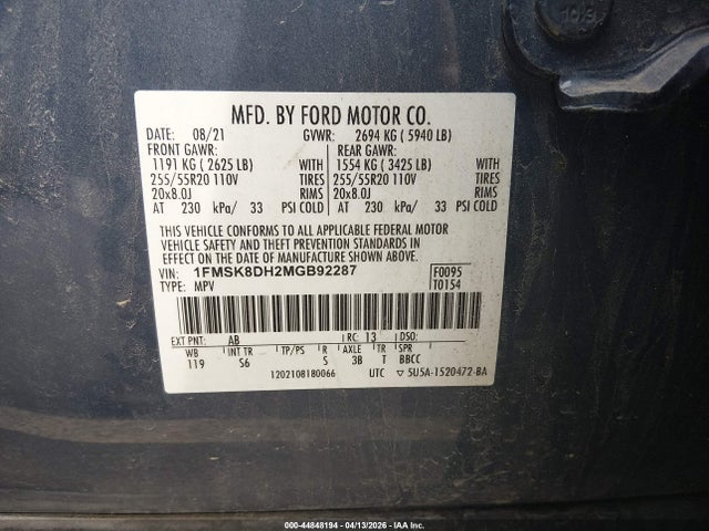 44848194 :رقم المزاد ، 1FMSK8DH2MGB92287 vin ، 2021 Ford Explorer Xlt مزاد بيع