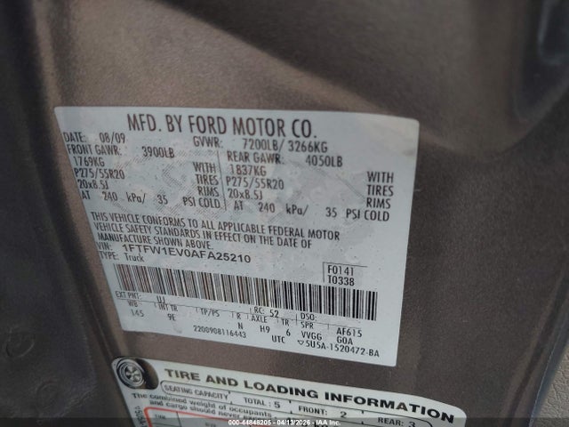 44848205 :رقم المزاد ، 1FTFW1EV0AFA25210 vin ، 2010 Ford F-150 Fx4/harley-davidson/king Ranch/lariat/platinum/xl/xlt مزاد بيع