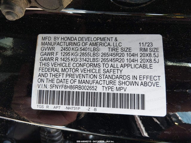 Aukcja sprzedaży 2024 Honda Passport Awd Black, vin: 5FNYF8H86RB002652, numer aukcji: 44848215