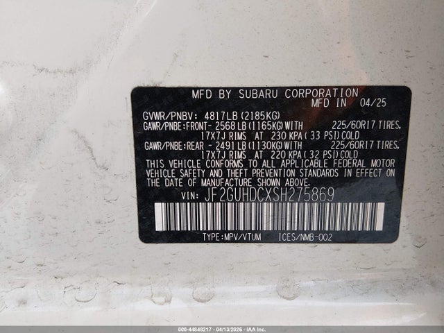 Auction sale of the 2025 Subaru Crosstrek Premium, vin: JF2GUHDCXSH275869, lot number: 44848217