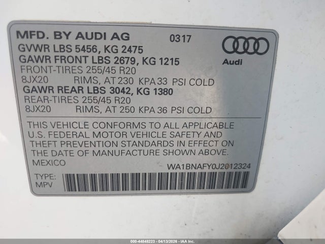 Aukcja sprzedaży 2018 Audi Q5 2.0t Premium/2.0t Tech Premium, vin: WA1BNAFY0J2012324, numer aukcji: 44848223