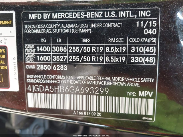 44848229 :رقم المزاد ، 4JGDA5HB6GA693299 vin ، 2016 Mercedes-benz Gle 350 4matic مزاد بيع