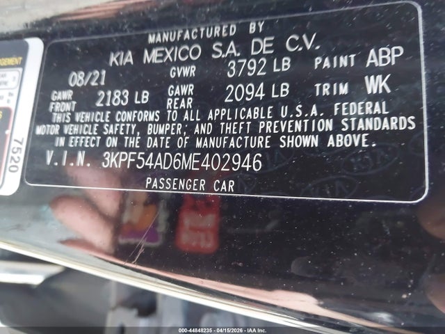 Продажа на аукционе авто 2021 Kia Forte Ex, vin: 3KPF54AD6ME402946, номер лота: 44848235