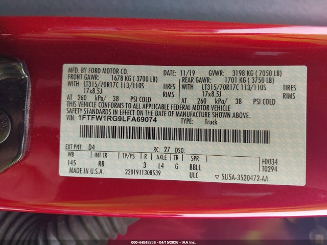 44848236 :رقم المزاد ، 1FTFW1RG9LFA69074 vin ، 2020 Ford F-150 Raptor مزاد بيع