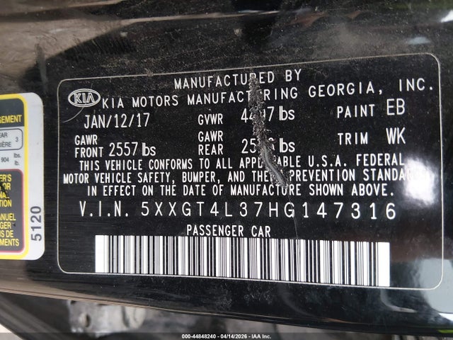 44848240 :رقم المزاد ، 5XXGT4L37HG147316 vin ، 2017 Kia Optima Lx مزاد بيع