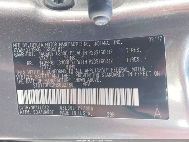 Продаж на аукціоні авто 2017 Toyota Sienna Xle 8 Passenger, vin: 5TDYZ3DC3HS832780, номер лоту: 44848244