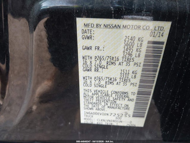 2014 Nissan Frontier Pro-4x მანქანა იყიდება აუქციონზე, vin: 1N6AD0EV1EN725255, აუქციონის ნომერი: 44848247