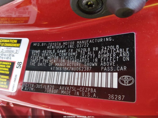 Aukcja sprzedaży 2022 Toyota Camry Xse Awd, vin: 4T1K61BK7NU062387, numer aukcji: 44848250